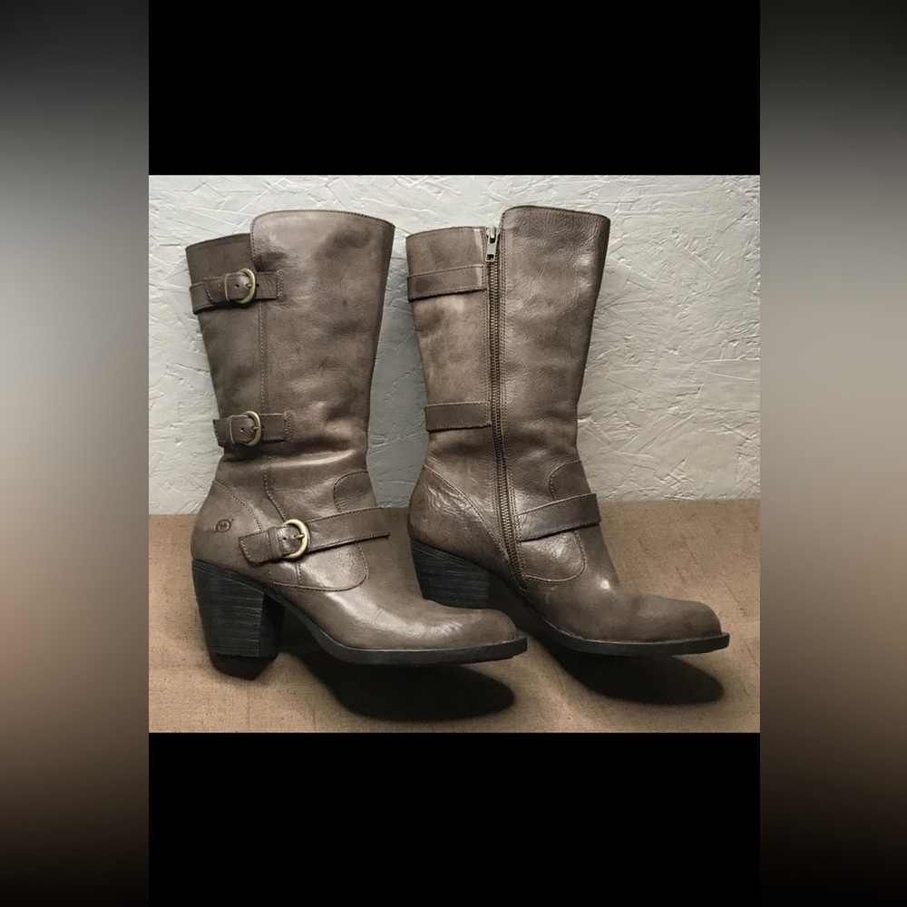 Born Maleri Women's Biker Boots Taupe Leather Side Zip Mid-Calf Riding Size 9M